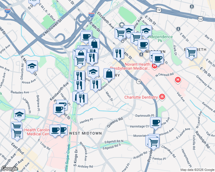 map of restaurants, bars, coffee shops, grocery stores, and more near 1604 Luther Street in Charlotte