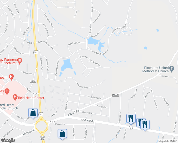 map of restaurants, bars, coffee shops, grocery stores, and more near 45 Barton Hills Court in Pinehurst
