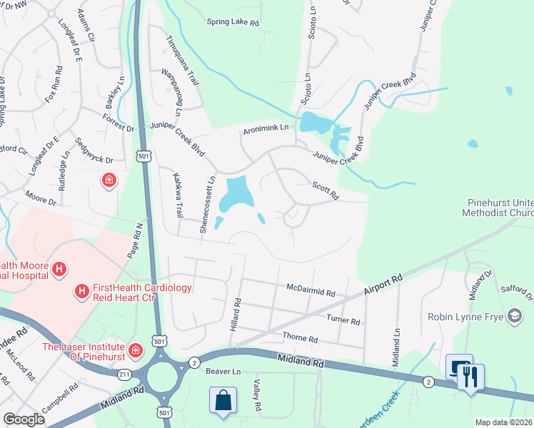 map of restaurants, bars, coffee shops, grocery stores, and more near 80 Barton Hills Court in Pinehurst