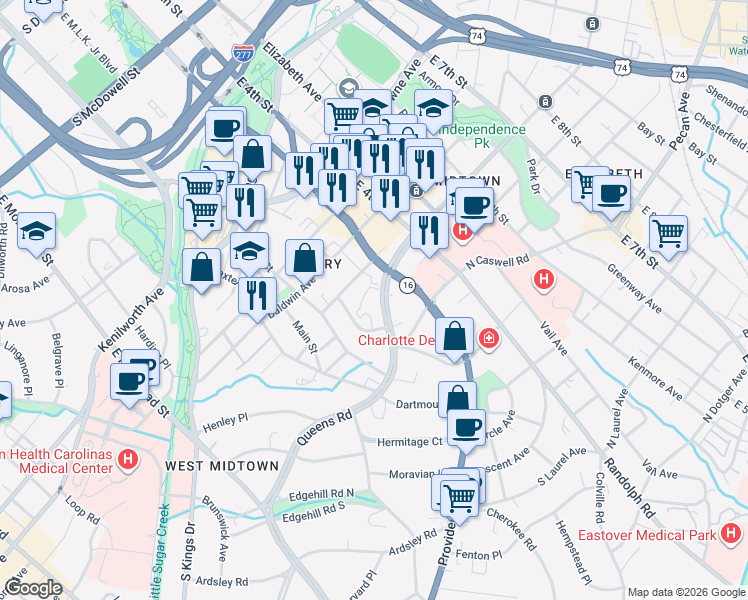 map of restaurants, bars, coffee shops, grocery stores, and more near in Charlotte