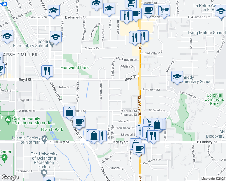 map of restaurants, bars, coffee shops, grocery stores, and more near 908 Barkley Circle in Norman