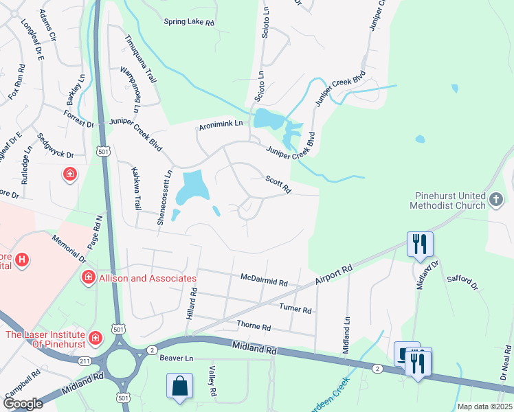 map of restaurants, bars, coffee shops, grocery stores, and more near 45 Barton Hills Court in Pinehurst