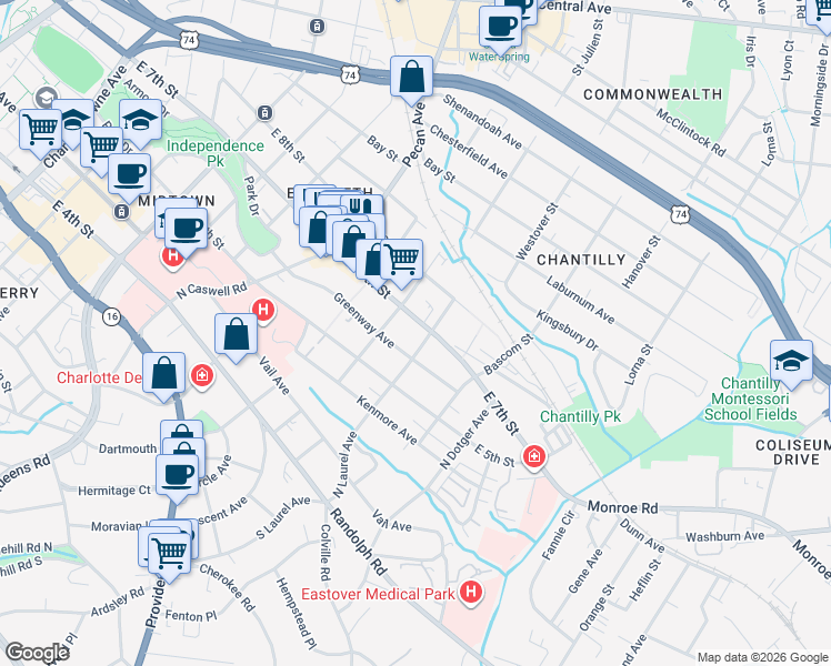 map of restaurants, bars, coffee shops, grocery stores, and more near 2225 Greenway Avenue in Charlotte