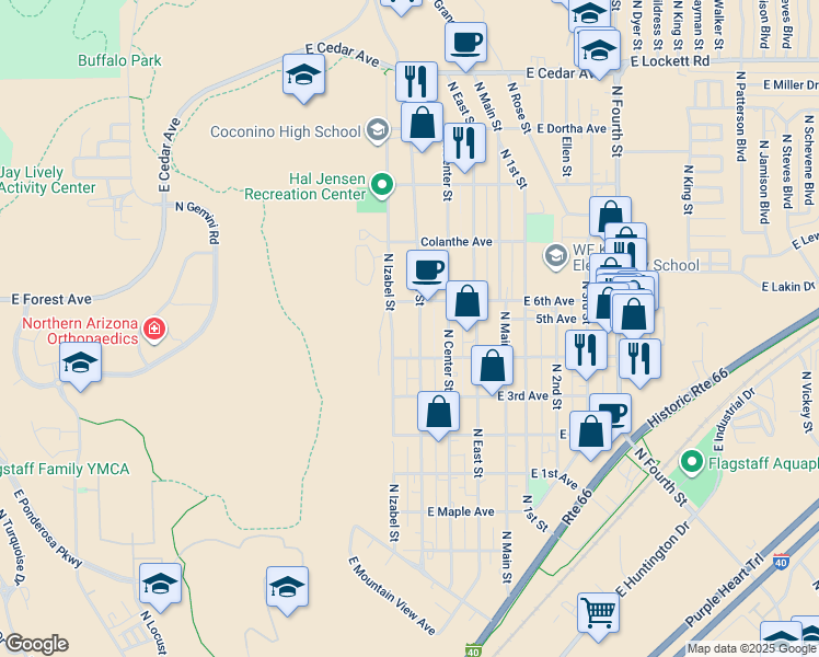map of restaurants, bars, coffee shops, grocery stores, and more near 2114 North West Street in Flagstaff