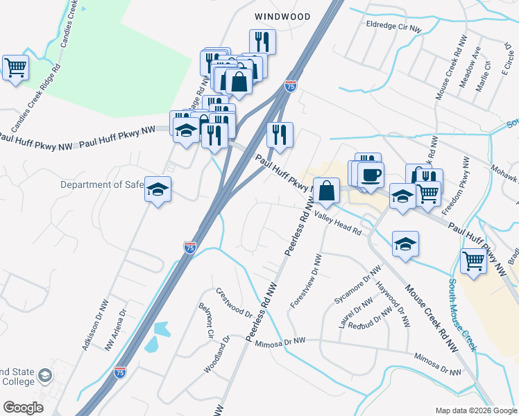 map of restaurants, bars, coffee shops, grocery stores, and more near 4044 Tomahawk Circle Northwest in Cleveland