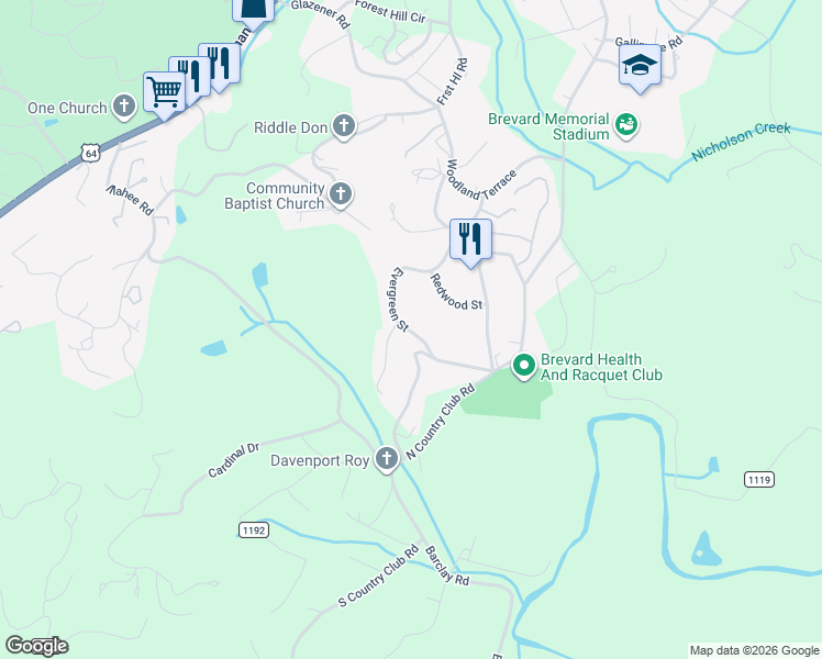map of restaurants, bars, coffee shops, grocery stores, and more near 351 Evergreen Street in Brevard