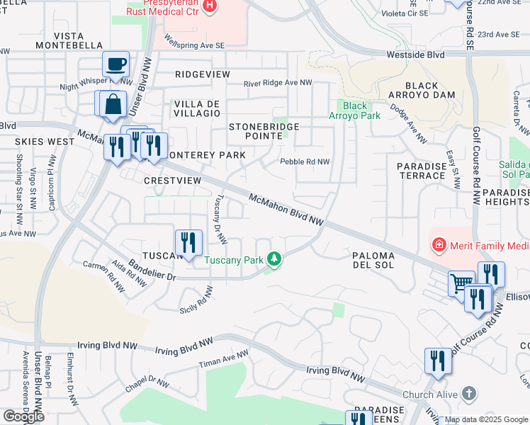 map of restaurants, bars, coffee shops, grocery stores, and more near 9150 McMahon Boulevard Northwest in Albuquerque
