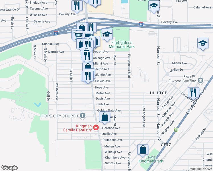 map of restaurants, bars, coffee shops, grocery stores, and more near 1938 Hope Avenue in Kingman