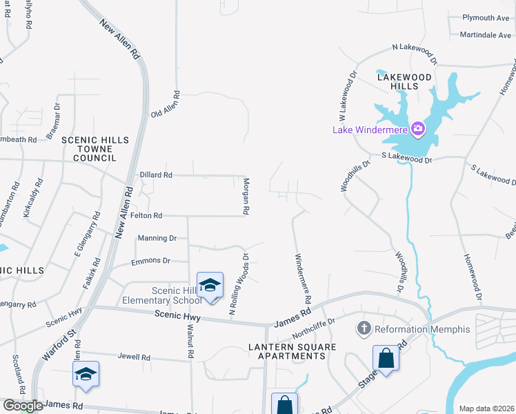 map of restaurants, bars, coffee shops, grocery stores, and more near 3110 Morgan Road in Memphis