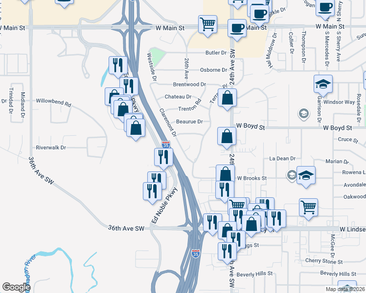 map of restaurants, bars, coffee shops, grocery stores, and more near 721 Claremont Drive in Norman