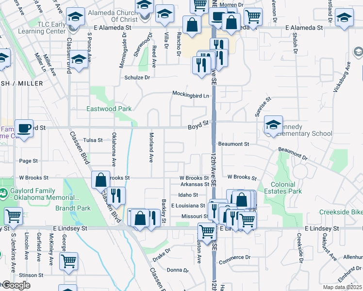 map of restaurants, bars, coffee shops, grocery stores, and more near 928 Barkley Circle in Norman