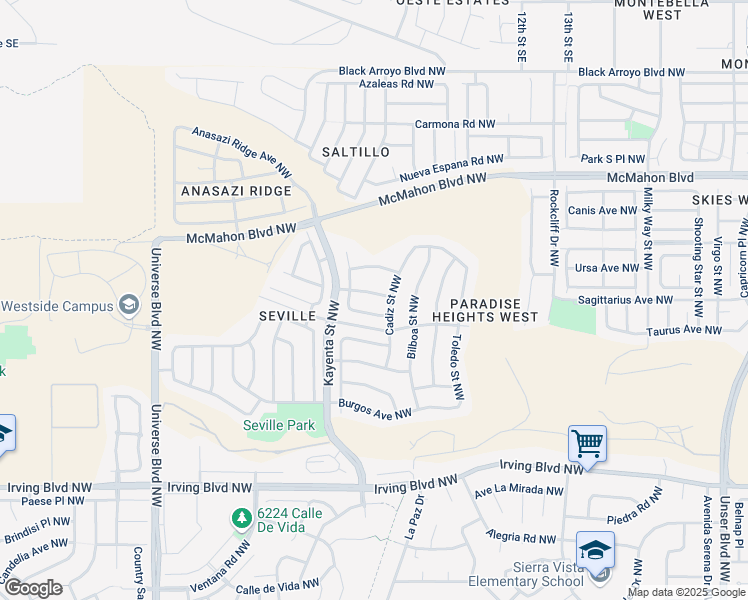 map of restaurants, bars, coffee shops, grocery stores, and more near 6131 Loro Avenue Northwest in Albuquerque