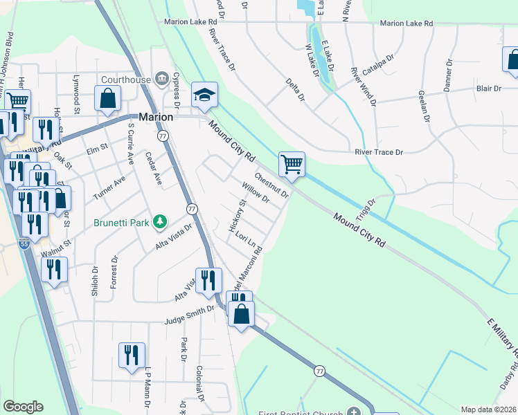 map of restaurants, bars, coffee shops, grocery stores, and more near 128 Sherwood Cove in Marion