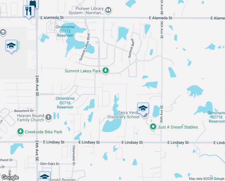map of restaurants, bars, coffee shops, grocery stores, and more near 712 Siena Springs Drive in Norman