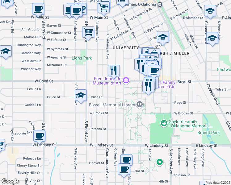 map of restaurants, bars, coffee shops, grocery stores, and more near 571 College Avenue in Norman
