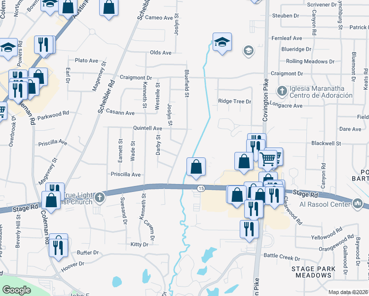 map of restaurants, bars, coffee shops, grocery stores, and more near 3090 Bluefield Street in Memphis