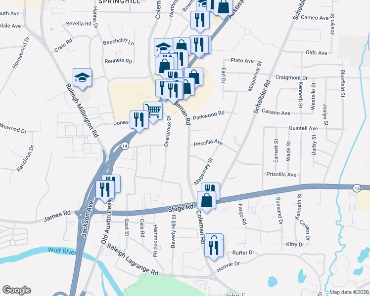 map of restaurants, bars, coffee shops, grocery stores, and more near 3082 Coleman Road in Memphis
