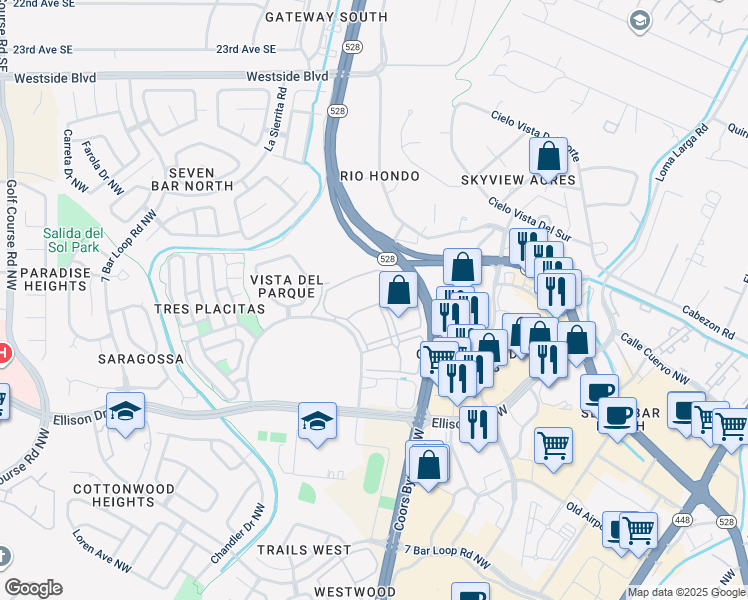 map of restaurants, bars, coffee shops, grocery stores, and more near 10600 Cibola Loop Northwest in Albuquerque