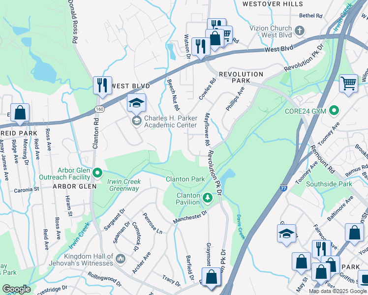 map of restaurants, bars, coffee shops, grocery stores, and more near 2928 Beech Nut Road in Charlotte