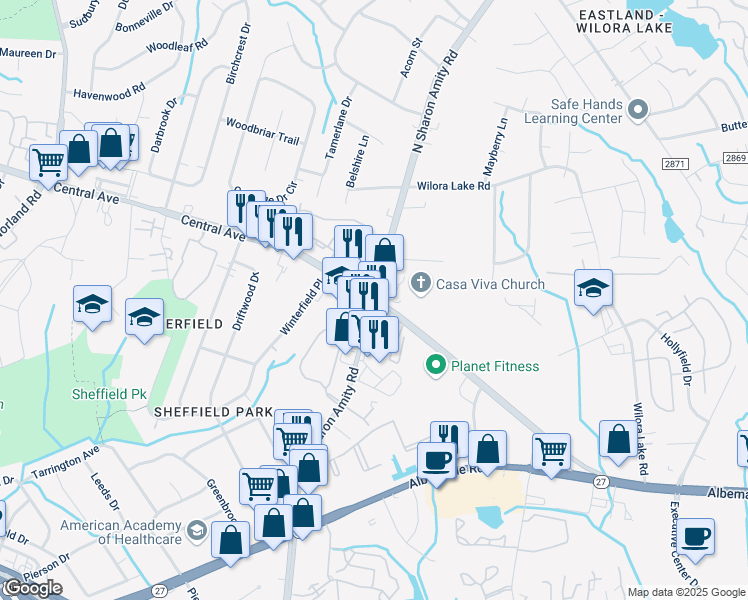 map of restaurants, bars, coffee shops, grocery stores, and more near N Sharon Amity Rd & Central Ave in Charlotte