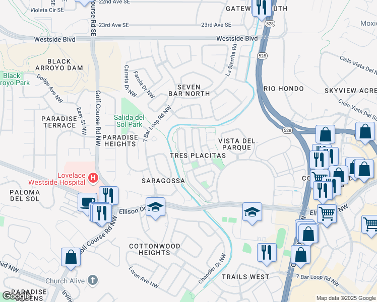 map of restaurants, bars, coffee shops, grocery stores, and more near 10620 Hatch Drive Northwest in Albuquerque