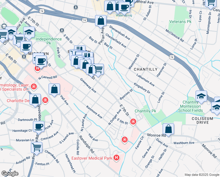 map of restaurants, bars, coffee shops, grocery stores, and more near 2300 East 7th Street in Charlotte