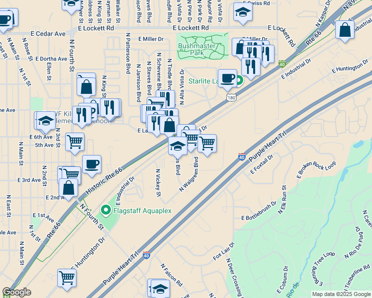 map of restaurants, bars, coffee shops, grocery stores, and more near 1196-2400 N Walgreens St in Flagstaff