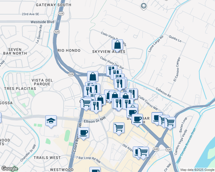 map of restaurants, bars, coffee shops, grocery stores, and more near 3715 Ellison Road Northwest in Albuquerque