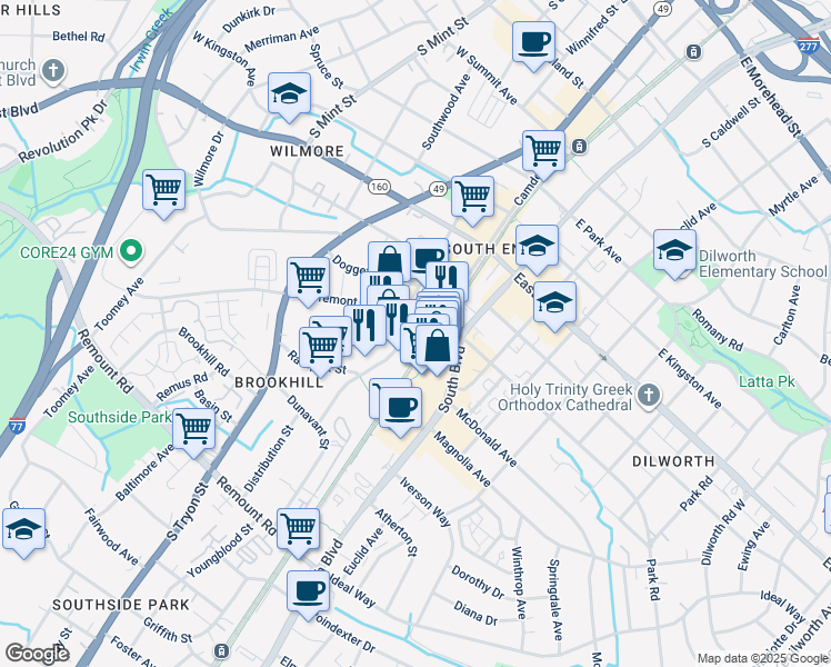 map of restaurants, bars, coffee shops, grocery stores, and more near 125 West Tremont Avenue in Charlotte
