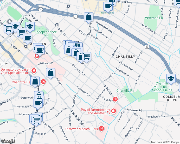 map of restaurants, bars, coffee shops, grocery stores, and more near 2220 East 7th Street in Charlotte