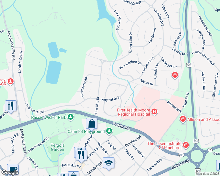 map of restaurants, bars, coffee shops, grocery stores, and more near 275 Wheeling Drive in Pinehurst