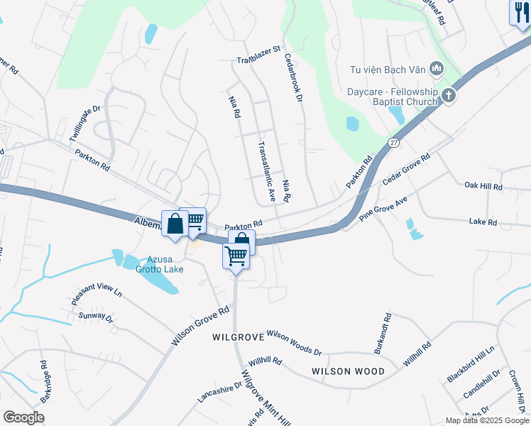 map of restaurants, bars, coffee shops, grocery stores, and more near 10335-10525 Parkton Road in Charlotte