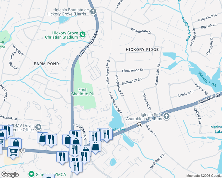 map of restaurants, bars, coffee shops, grocery stores, and more near 6121 Lake Forest Road East in Charlotte