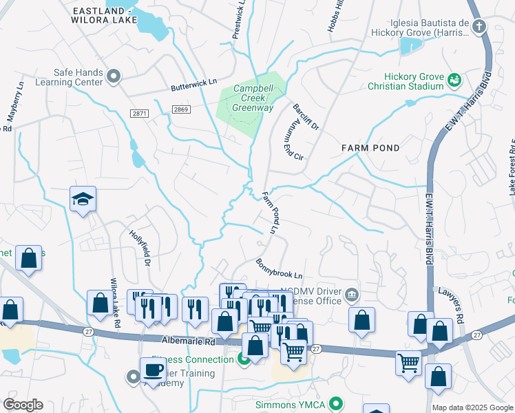 map of restaurants, bars, coffee shops, grocery stores, and more near 6153 Bent Tree Court in Charlotte