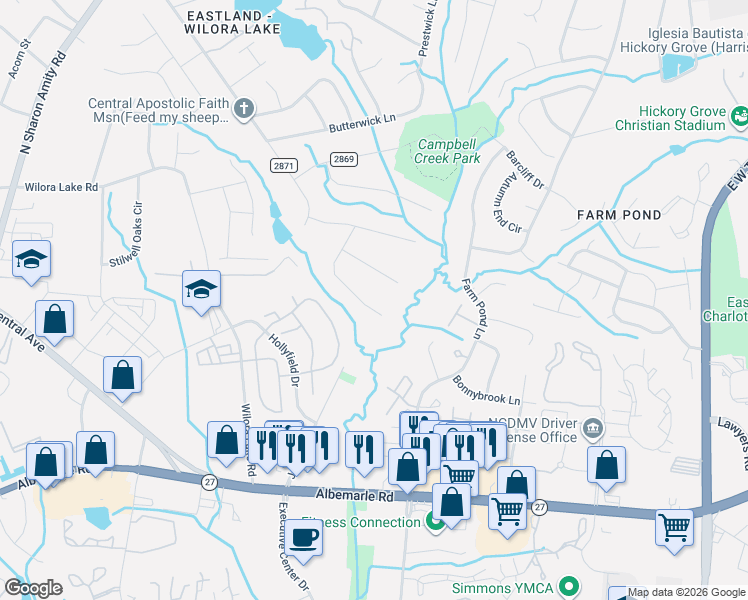 map of restaurants, bars, coffee shops, grocery stores, and more near 6546 Louglen Circle in Charlotte