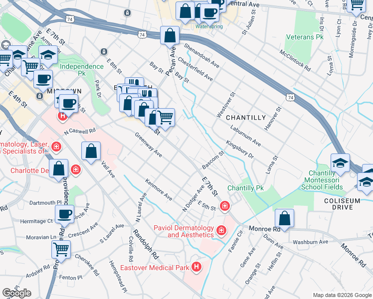 map of restaurants, bars, coffee shops, grocery stores, and more near 2300 East 7th Street in Charlotte