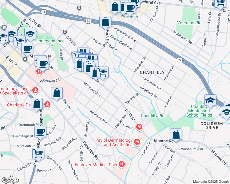 map of restaurants, bars, coffee shops, grocery stores, and more near 2312 East 7th Street in Charlotte