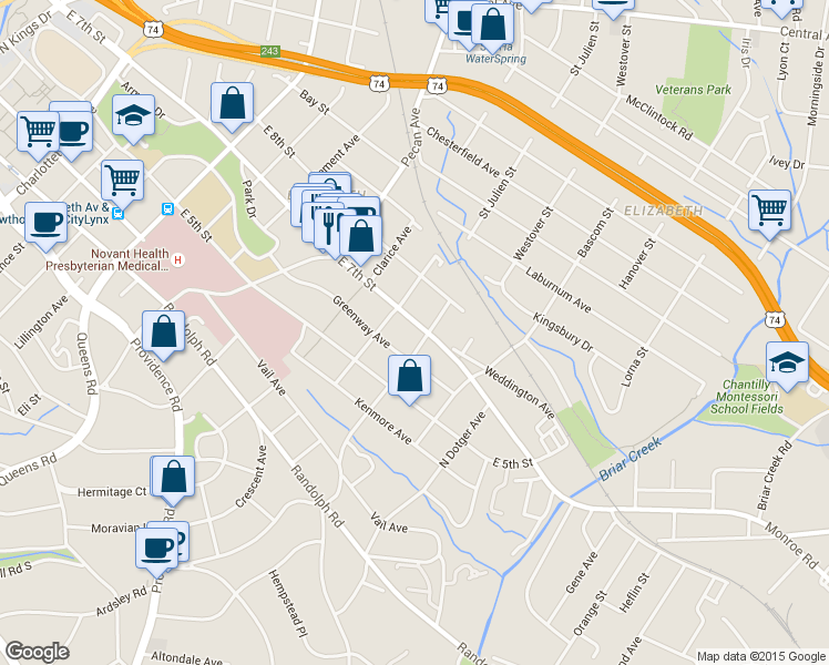 map of restaurants, bars, coffee shops, grocery stores, and more near in Charlotte