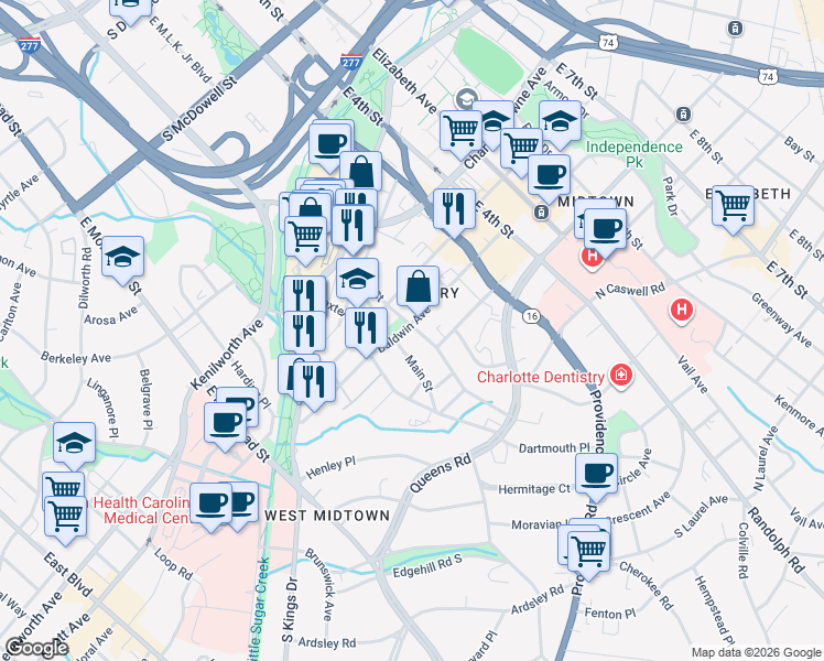 map of restaurants, bars, coffee shops, grocery stores, and more near in Charlotte