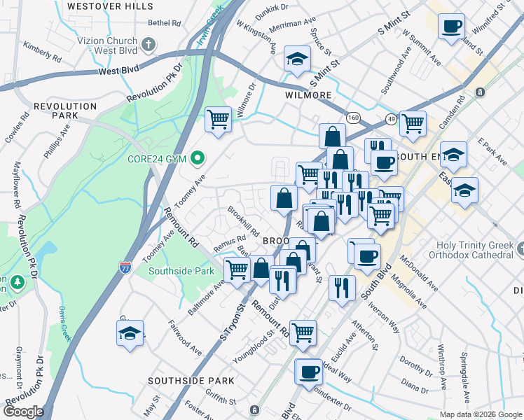 map of restaurants, bars, coffee shops, grocery stores, and more near 456 Brookhill Road in Charlotte