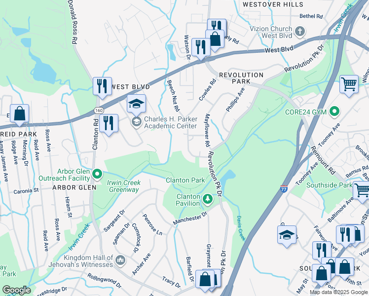 map of restaurants, bars, coffee shops, grocery stores, and more near 2928 Beech Nut Road in Charlotte