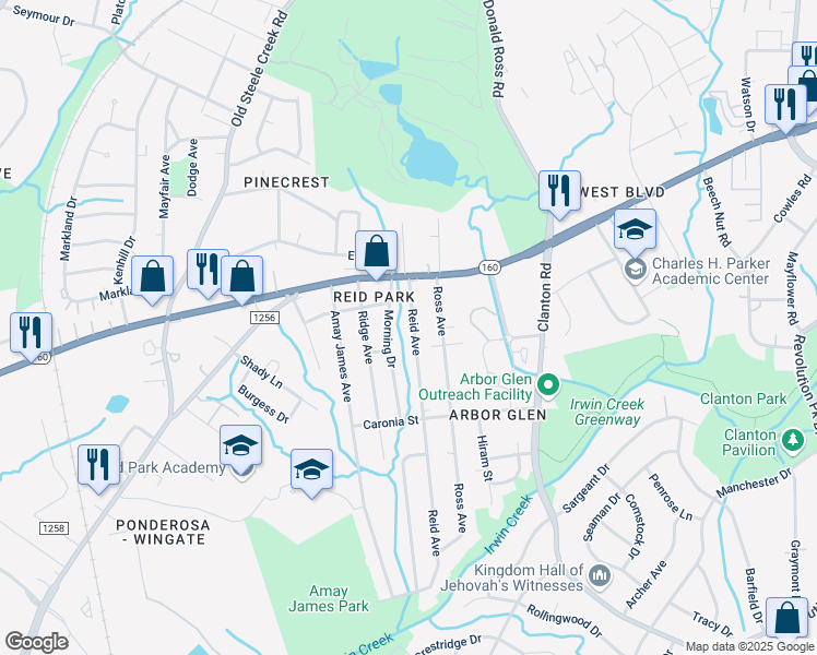 map of restaurants, bars, coffee shops, grocery stores, and more near 2957 Reid Avenue in Charlotte