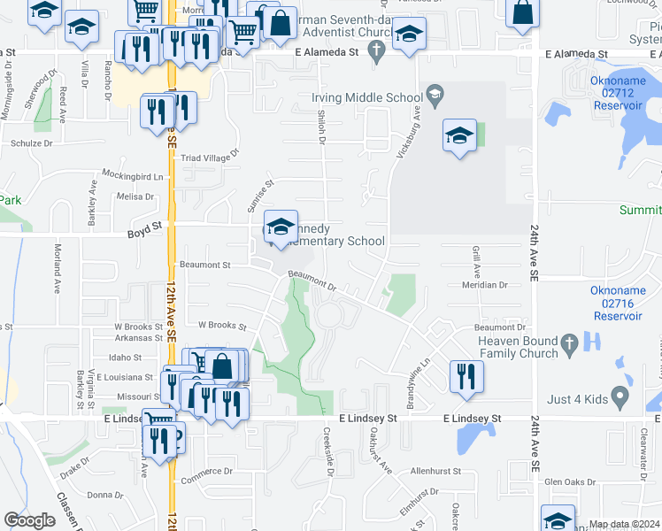 map of restaurants, bars, coffee shops, grocery stores, and more near 639 Sinclair Drive in Norman