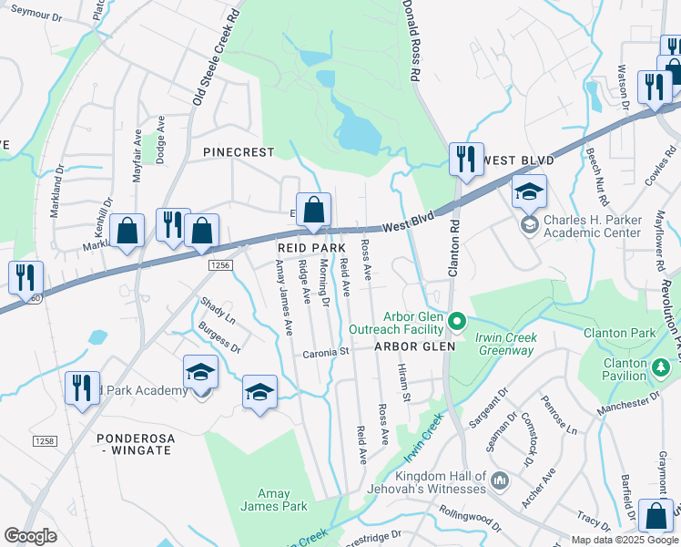 map of restaurants, bars, coffee shops, grocery stores, and more near 2944 Reid Avenue in Charlotte