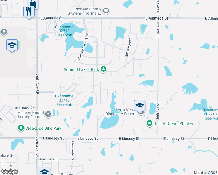 map of restaurants, bars, coffee shops, grocery stores, and more near 712 Siena Springs Drive in Norman