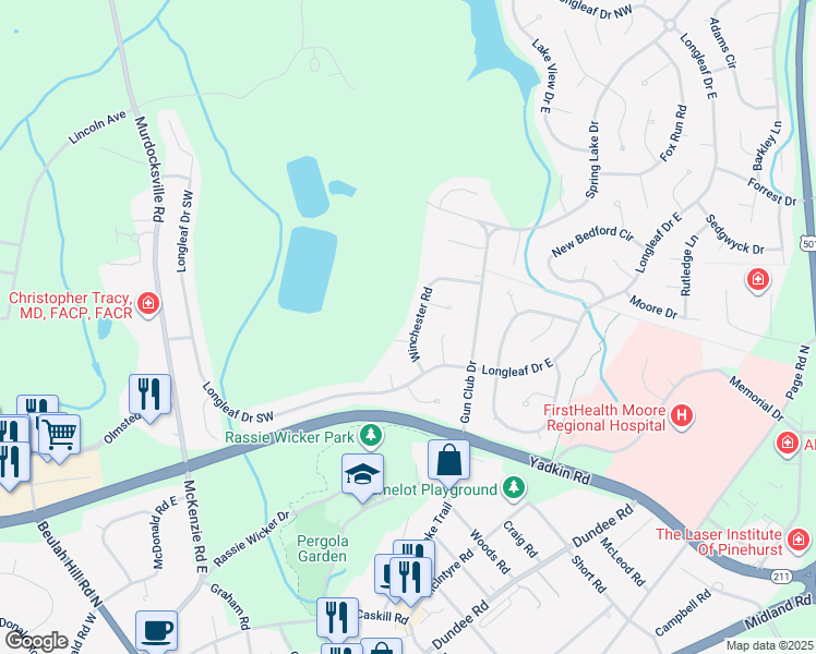 map of restaurants, bars, coffee shops, grocery stores, and more near 65 Winchester Road in Pinehurst