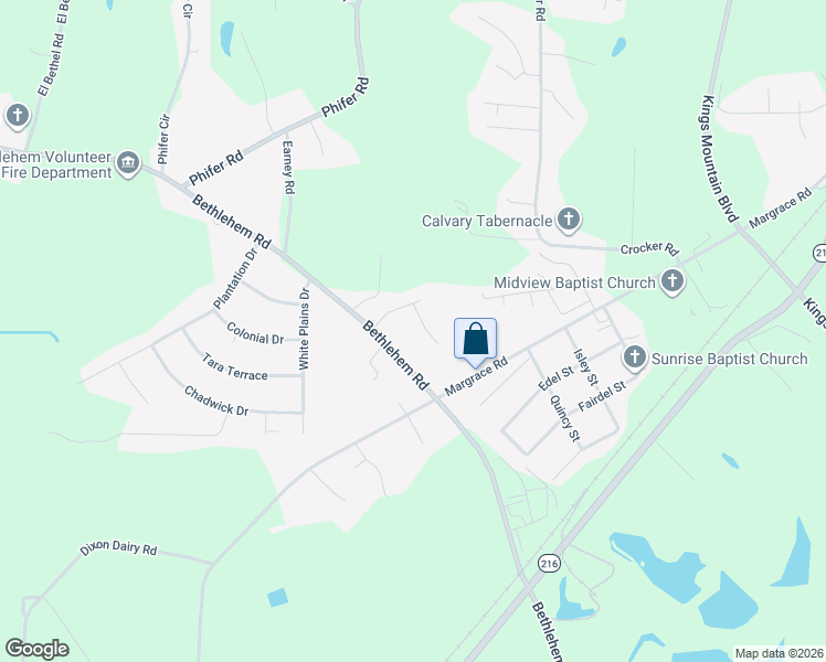 map of restaurants, bars, coffee shops, grocery stores, and more near 1427 Bethlehem Road in Kings Mountain