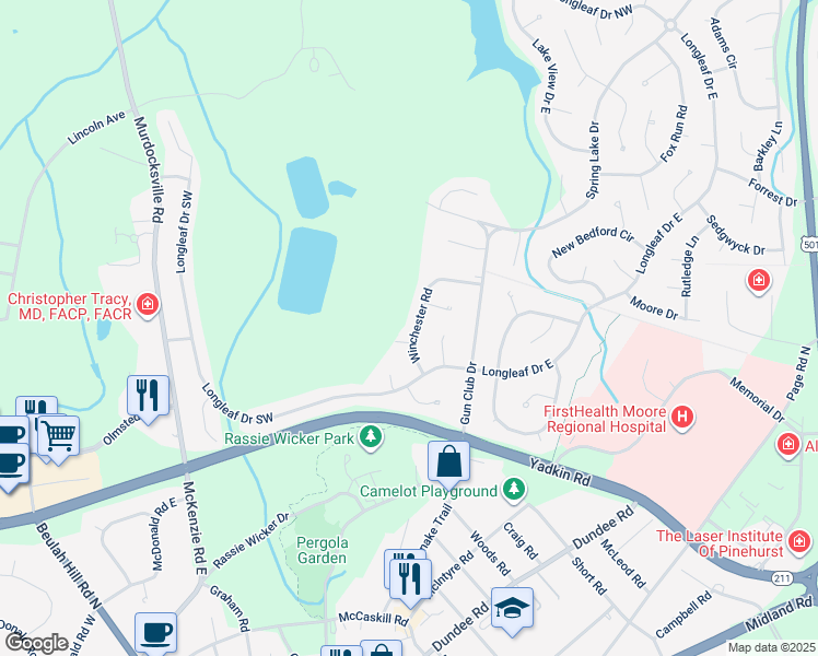 map of restaurants, bars, coffee shops, grocery stores, and more near 65 Winchester Road in Pinehurst