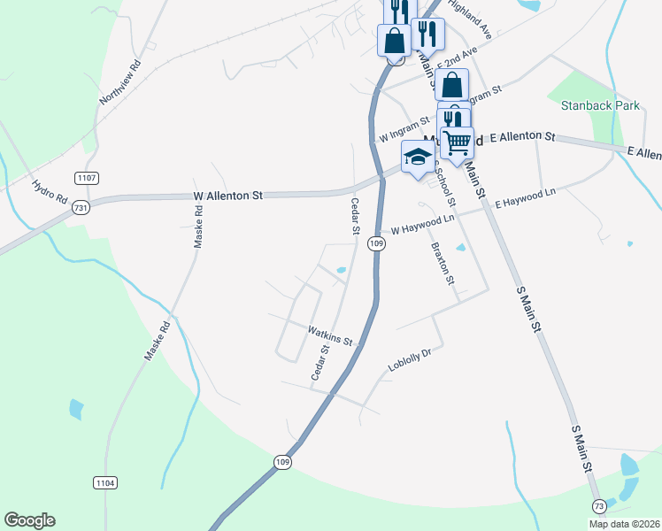 map of restaurants, bars, coffee shops, grocery stores, and more near 101 Dogwood Street in Mount Gilead
