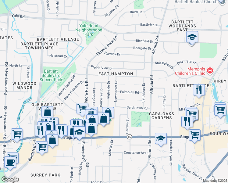 map of restaurants, bars, coffee shops, grocery stores, and more near 3071 Newmarket Drive in Bartlett